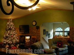 Holiday home decor can include an accent wall as a backdrop for the Christmas tree